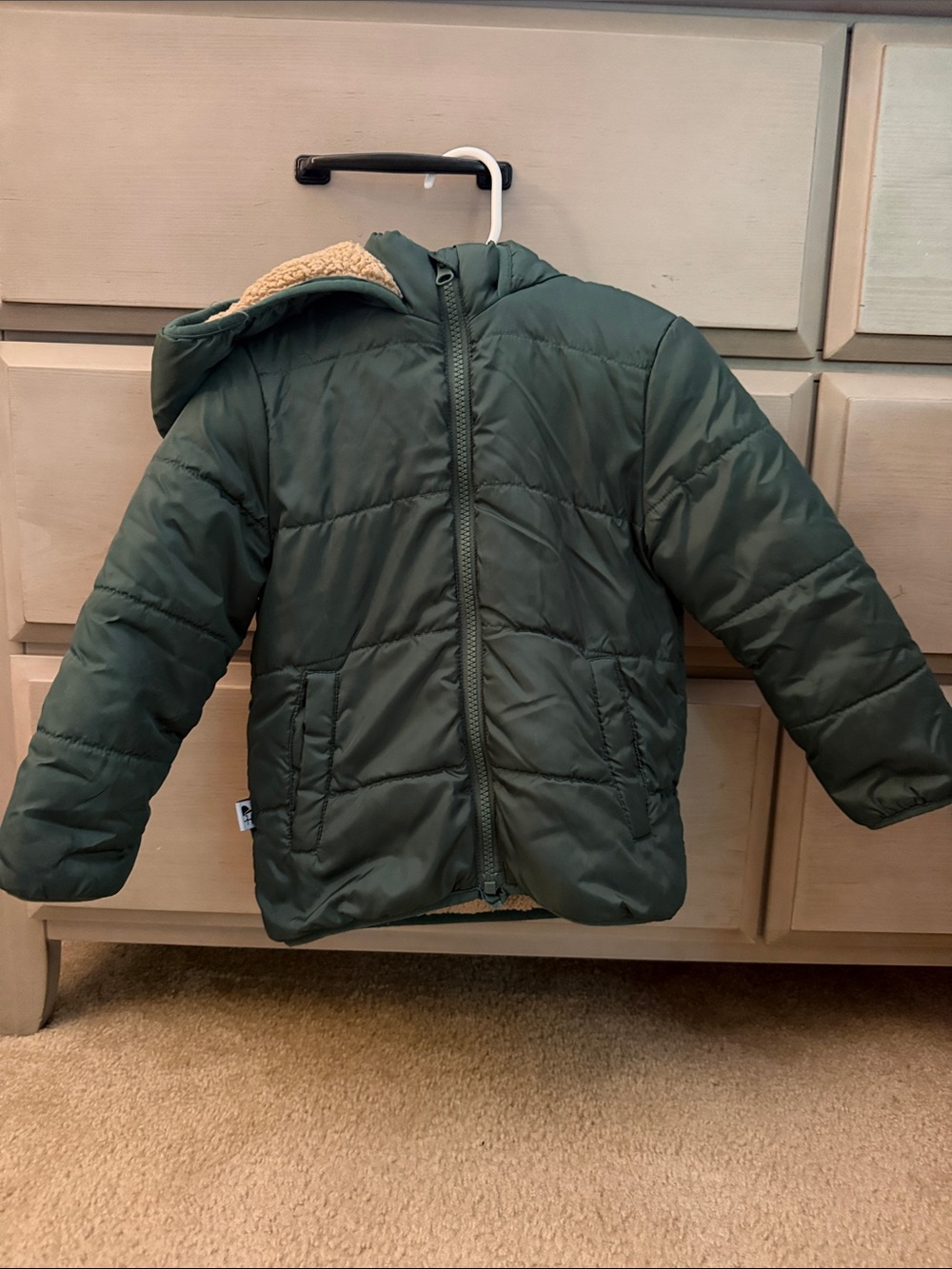 Sherpa-Lined Kids Hooded Puffer Jacket in Olive